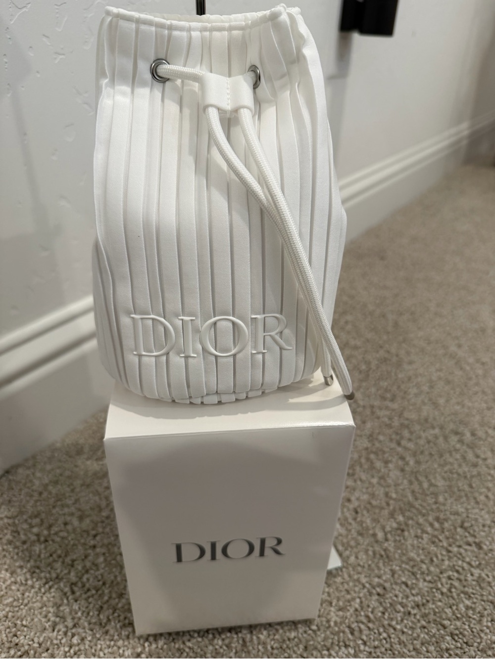 Dior White Pleated Drawstring Bucket Pouch